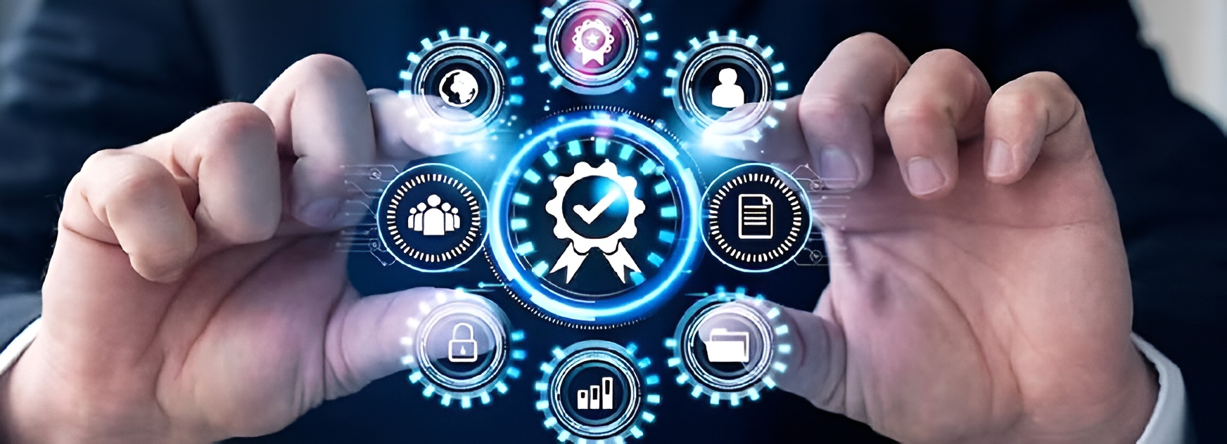 Business hands with holographic compliance icons for PRO services in Dubai digital tools