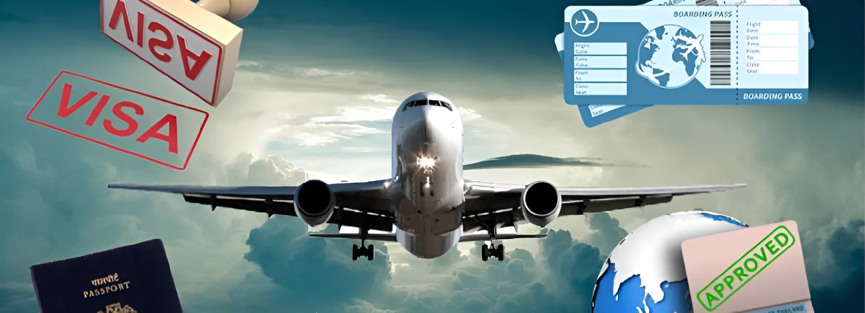 Airplane with visa passport and approved stamp for international travel services in Dubai